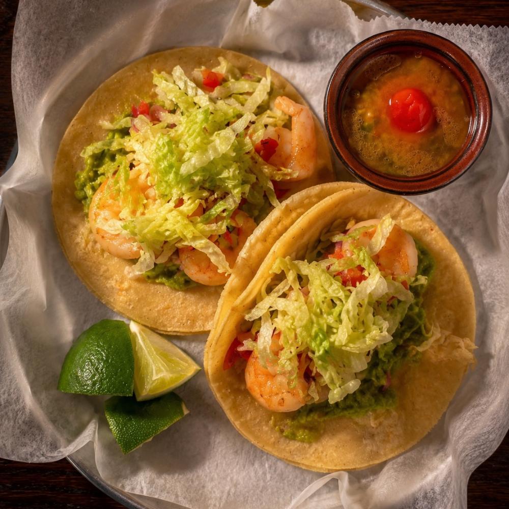 Garlic butter shrimp tacos with guacamole, pico de gallo and lettuce