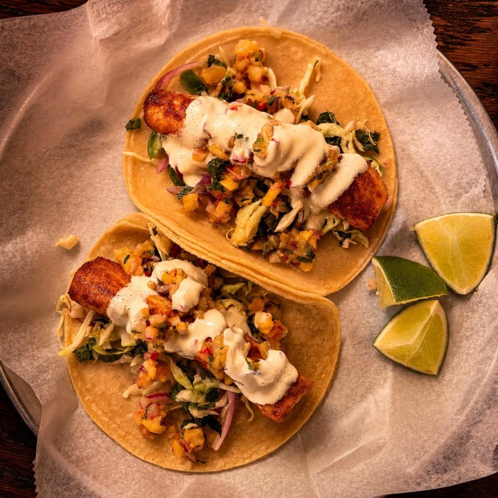 Pescado tacos with blackened mahi mahi, cabbage slaw and pineapple pico